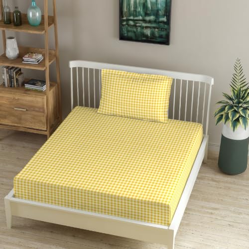 Image of MORADO Glace Cotton Flat Bedsheet for Single Bed with Zipper Pillow Cover, Soft Breathable Comfortable Bedding Sheet for Bedroom Home Hotel Use 60x90 Inches,Yellow Floral,Green Check,Yellow Check