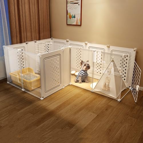 透明で拡張可能な小型犬用ケージ、室内折りたたみペットサークル、高さ46cm ロック付きドア、工具不要で簡単組み立て、PP樹脂+鉄製 様々なサイズ(141*90*46cm)