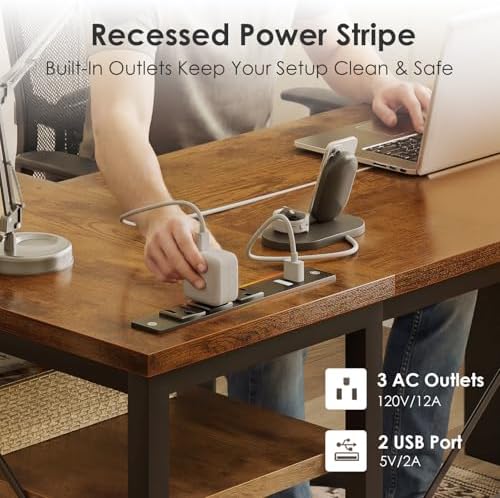 AODK 55 inch L Shaped Computer Desk with Drawers, Reversible Computer Desk with Storage Shelves, Home Office Desk with Built-in Power Outlet, Rustic Brown - 4