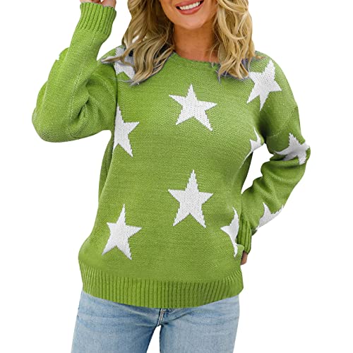 Image of Cocila Ladies Lightweight Knit Jumper Women Long Sleeve Sweater Casual Elegant Round Neck Star Pattern Plus Size Knit Sweater Top Summer Sweatshirts for Women (Green, S)