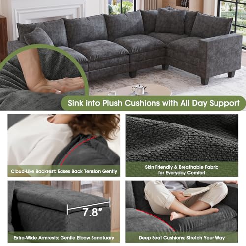 Image of 126 inch L Shaped Sectional Couch, Comfy Chenille Cloud Couch, 5 Seat Modular Cloud Sofa with 2 Pillows & Storage Armrests, Convertible V Shaped Corner Couch, Sectional Couches for Living Room, Gray