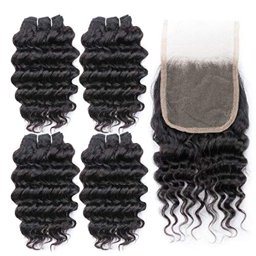 Brazilian deep wave human hair bundle with closure 100% unprocessed virgin human hair deep curly bundles with lace closure free part natural color（10 10 10 10+10"Closure）