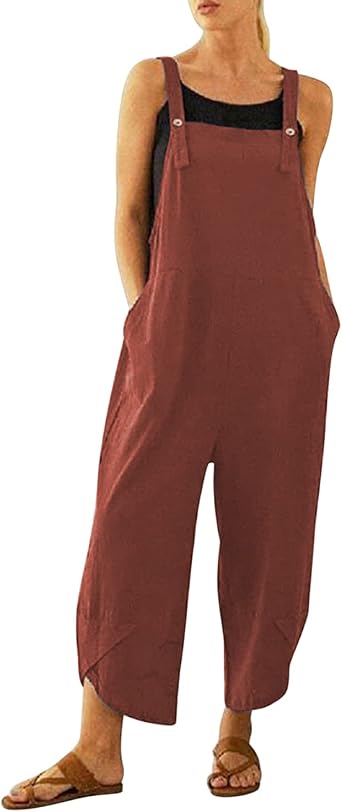 Womens Linen Overalls Baggy Adjustable Strap Sleeveless Jumpsuit Playsuit Bib Pants Dungarees with Pockets