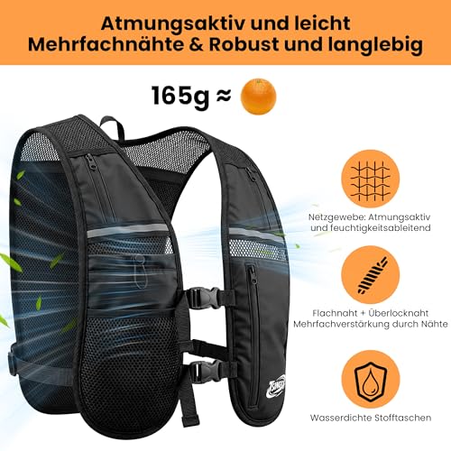TSINGSA Laufweste Damen und Herren, Leicht&Atmungsaktiv Trinkweste, Verstellbarer Brustgurt Großvolumige Taschen, Laufrucksack mit 500ml Trinkflasche für Joggen Wandern Bergsteigen Radfahren Marathon