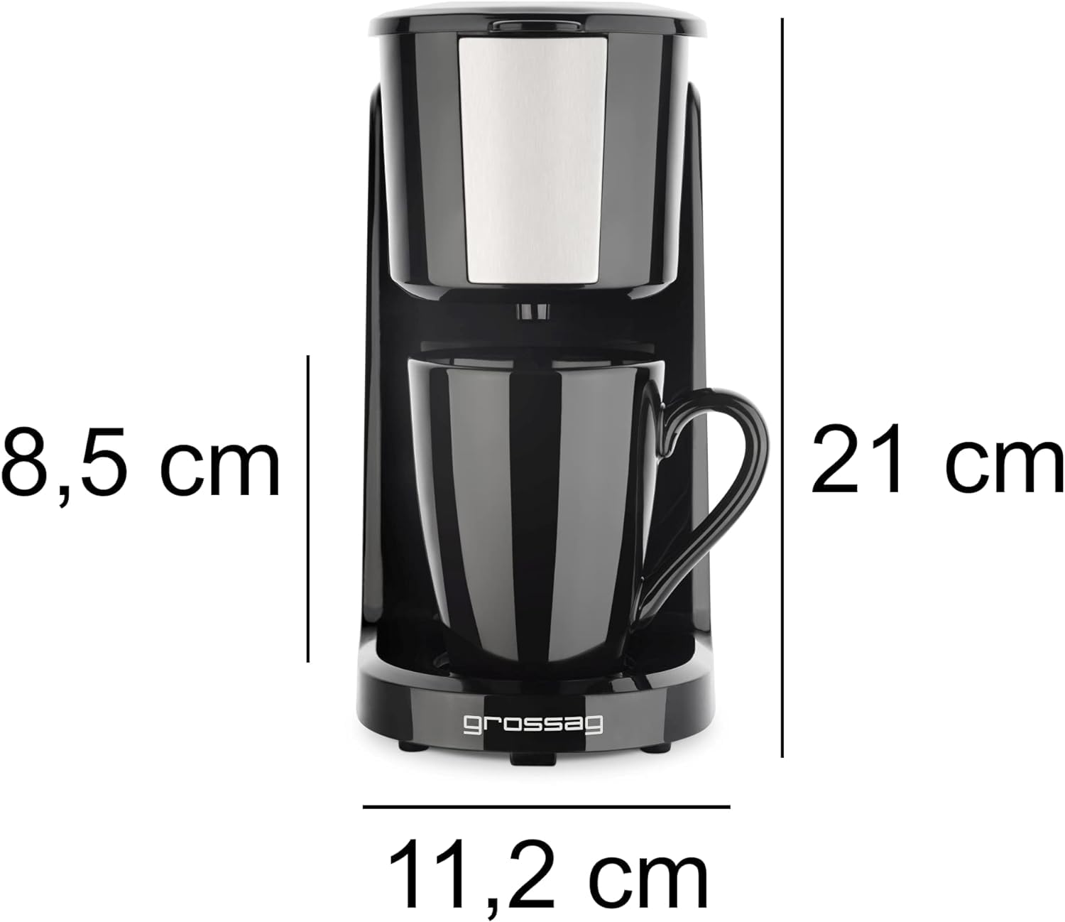 grossag Ein-Tassen-Automat in Schwarz | KA 8 / KA8.17 | entnehmbarer Permanenfilter | autom. Abschaltung | Betriebskontroll-Leuchte| inkl. Porzellantasse -150ml | Single Kaffeemaschine
