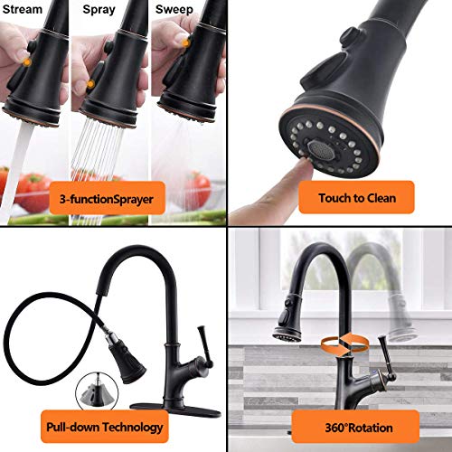 Appaso Kitchen Faucet With Pull Down Sprayer, Oil Rubbed Bronze Single-Handle High Arc Single Hole Pull Out Kitchen Sink Faucets With Escutcheon #TOP2