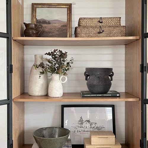 MIYUKI Rustic Vase for Home Decor, Decorative Pottery Terracotta Vase for Living Room, Table, Shelf, Handcraft Vintage Ceramic Vase 6.7in H x 8.2in W (Black)