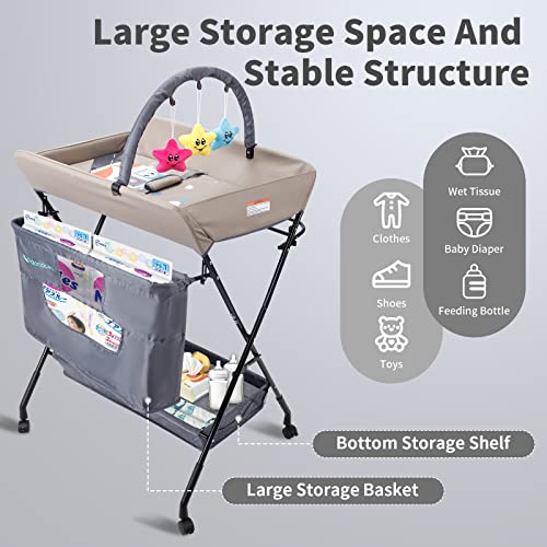 Portable Baby Changing Table - Waterproof Diaper Changing Table With Wheels, Adjustable Height Folding Diaper Station With Safety Belt, And Large Storage Racks For Newborn Baby And Infant - Bear, Grey #TOP2