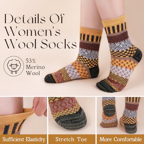 Riqiaqia 5 Paar Winter Merino Wool Socken Damen Warme Dicke Bunte Thermosocken Wollsocken Stricksocken Gemütlich und Atmungsaktive, Damen Geschenk Socken Einheitsgröße
