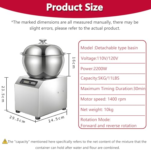 Impastatrice elettrica per impasti Pesanti - Impastatrice a Spirale per Farina con Timer, Rotazione bidirezionale, Ideale per ristoranti, pizzerie e panifici - capacità 5 kg, 5 kg