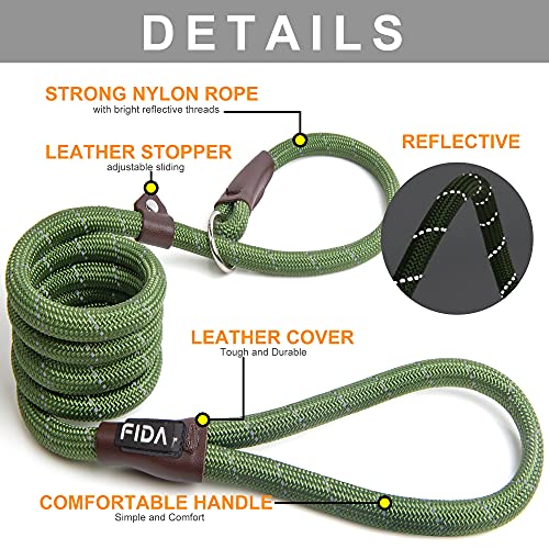 Fida Durable Slip Lead Dog Leash, 6 Ft X 1/2" Heavy Duty Dog Loop Leash, Comfortable Strong Rope Slip Leash For Large, Medium Dogs, No Pull Pet Training Leash With Highly Reflective, Green #TOP1
