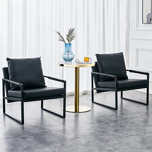 Accent Chairs Set Of 2, Mid Century Modern Accent Chair, Metal Frame And Leather Armchairs Side Chair, Lounge Reading Comfy Arm Chair For Living Room, Bedroom, Office (Black) #TOP5