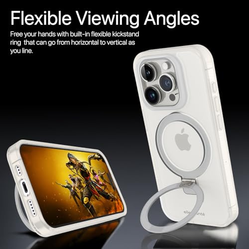 Image of eller sante Astros MagPro Back Cover Case for iPhone 15 pro with Magnetic Alloy Ring Metal Kickstand Scratch Resistant Slim Thin Military-Grade Protection Compatible with MagSafe - White