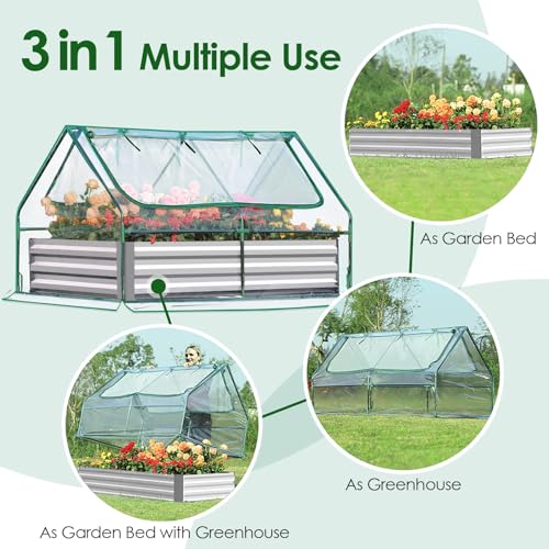 Quictent-Raised-Garden-Bed-with-Cover-Outdoor-Galvanized-Metal-Planter-Box-Kit-w-2-Large-Screen-Windows-Mini-Greenhouse-20pcs-T-Tags-1-Pair-of-Gloves-Included-for-Growing-Vegetables-6x3x1ft-Clear Quictent Raised Garden Bed with Cover Outdoor Galvanized Metal Planter Box Kit w 2 Large Screen Windows Mini Greenhouse 20pcs T Tags 1 Pair of Gloves Included for Growing Vegetables 6x3x1ft Clear