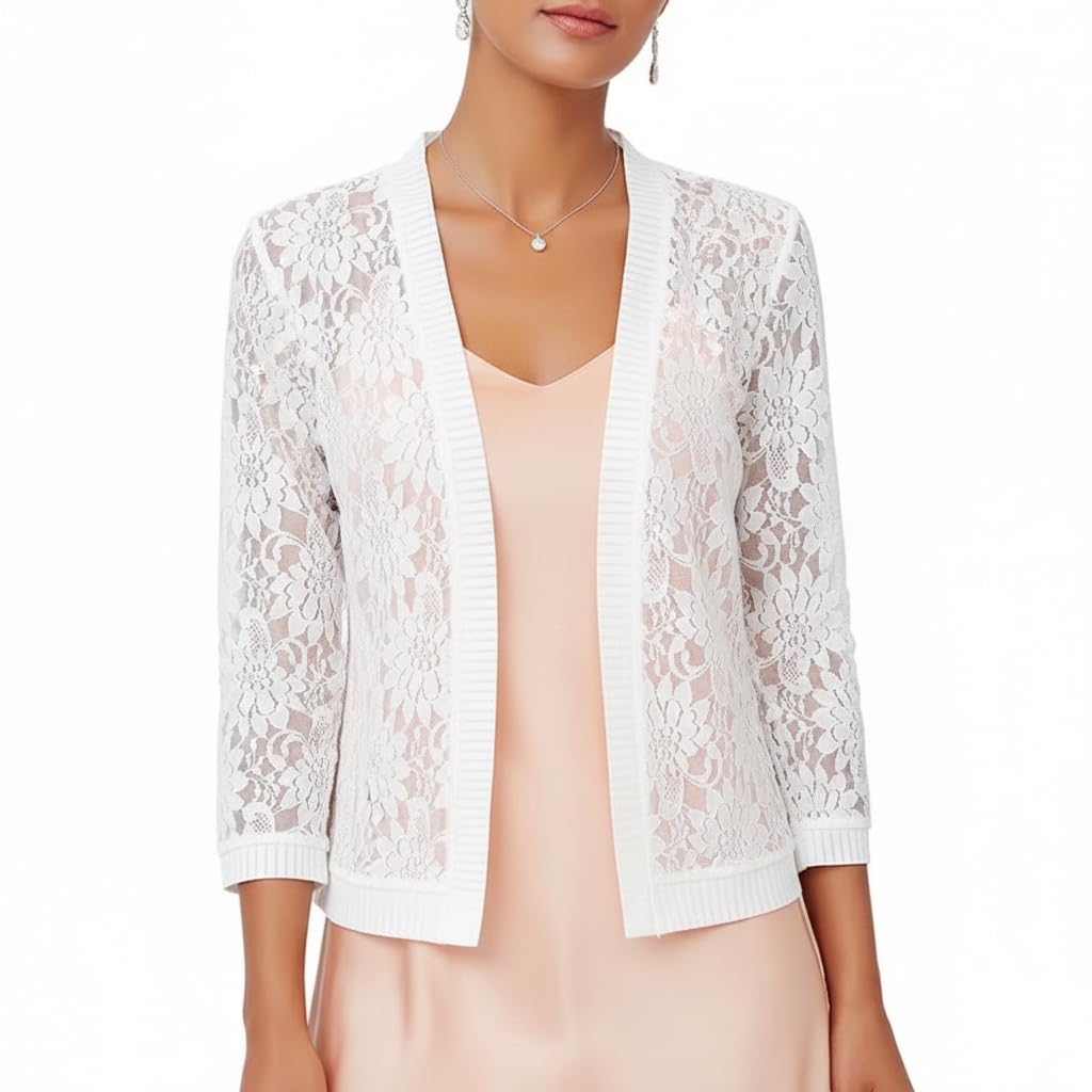White Lace Cardigan for Women, Fashion Open Front Shrug Cover Up with 3/4 Sleeves and Ribbed Trim, Spring Autumn Women Layering Top, 4XL