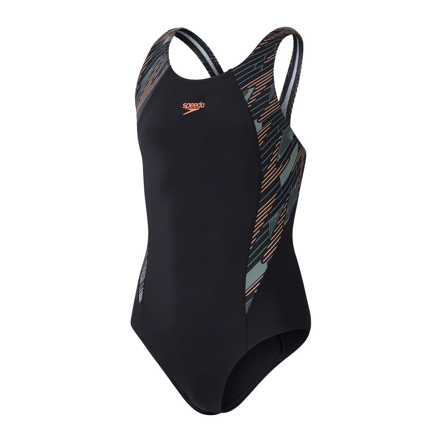 Speedo Girls Hyperboom Splice Muscleback Swimsuit | Swim Training | Chlorine Resistant, Black/Country Green Nectarine, 5-6