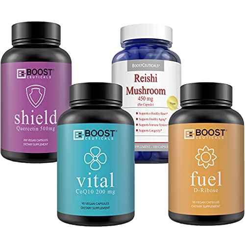 Sports Recovery Immunity Bundle 2 D Ribose High Absorption CoQ10 Quercetin Reishi Mushroom Capsules No Stearates No Additives Non-GMO Supplements (4 Bottles) by Boostceuticals