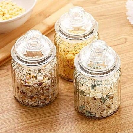 Image of Stylish Home Decor Crystal Clear Glass Sugar Candy Mukhwas Jar Bowl Pickle Storage Container Pot with Lid CRYSTAL CANDY JAR. (POP JAR 350ML 3PCS SET)