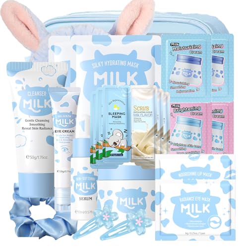 Milk Skin Care Sets & Kits - Teenage Girls Gifts - Milk Skincare Set for Teen Skincare - Gifts For Women - Travel Skincare Set Daily Face Care - Deep Hydrating Smoothing 23PCS