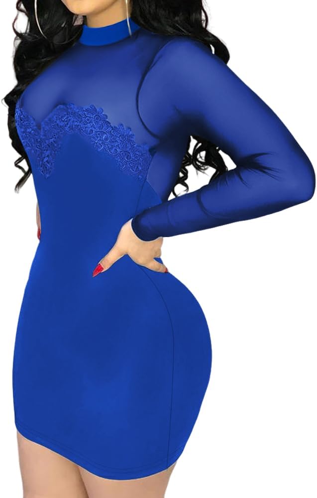 Womens Long Sleeve Bodycon Mini Dress Mock Neck Sheer Mesh Patch Night Out Party Short Dress