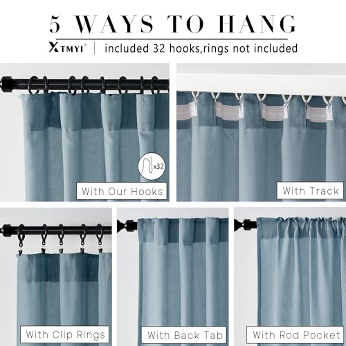 Image of XTMYI Stone Blue Curtains 90 Inches Long for Living Room,Light Filtering Country Vintage Hooks Pleated Back Tab Semi Sheer Linen Curtains for Bedroom 2 Panels Set,Dusty Blue