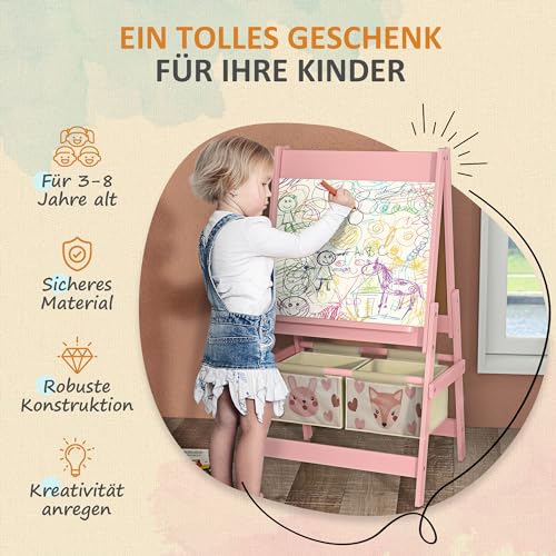 Image of Qaba Art Easel for Kids with Paper Roll, 3 in 1 Toddler Painting Easel with Blackboard, Whiteboard, Storage Baskets, Pink