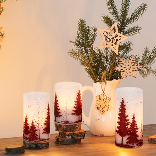 Image of GenSwin Christmas Flameless Candles with Timer, Red Christmas Tree LED Flickering Candles Real Wax, 3 Pack Pillar Fake Candle for Winter Indoor Fireplace Christmas Decor Table(D3 inch x H4 inch5 inch6 inch)