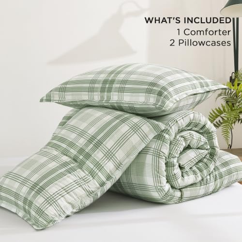 Image of Andency Sage Green Plaid Comforter Set Queen(90x90Inch), Gingham Checkered Grid Stripes Bedding Comforter Sets for Boys Girls Kids Gift, 3 Pieces Preppy Geometric Soft Lightweight Reversible Bed Set