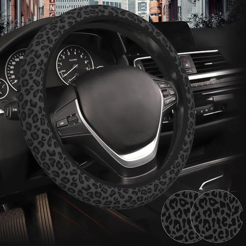 Black Leopard Print Steering Wheel Cover for Women Universal Fit 14.5-15 Inch with Non-Slip Grip and Thermal Control Includes 2 Ceramic Absorbent Cup Coasters Compatible with Cars SUVs Trucks.