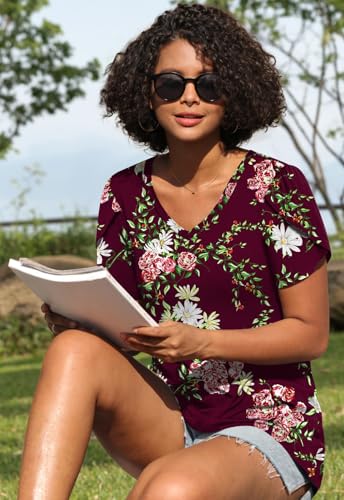 Image of CATHY 2026 Women Tops Summer Short Sleeve Tunic V Neck T-Shirts Loose Casual Floral Blouse S-4XL