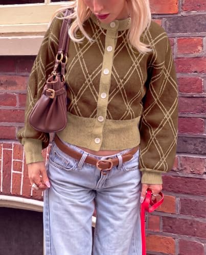 Tankaneo Womens Cropped Argyle Plaid Cardigan Sweater Preppy Outfits - Image 2