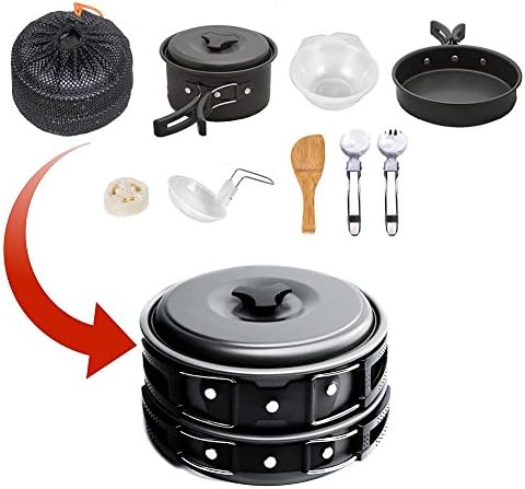 Camping Cookware Mess Kit , camp stove, Backpacking Gear & Hiking Outdoors Bag Cooking Equipment. 12/13 Piece Cookset | Compact, Lightweight,& Durable Pot Pan Bowls. ((Matte black) 12 PCS)