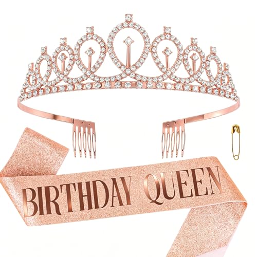 CAVETEE Birthday Crown and Sash for Women - Rose Gold Rhinestone Tiara Set and Sash for Decorations