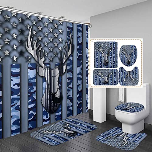 Skailié 4Pcs Camo Deer Shower Curtain Set, Blue Camouflage American Flag Elk Moose Woodland Forest Animal Wildlife Hunting Lodge Cabin Bathroom Decor Waterproof Fabric Shower Curtain Non-Slip Bath Mat #TOP26