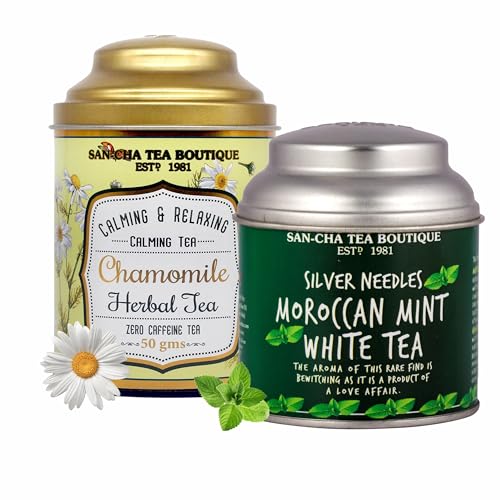 Image of Sancha Tea Boutique, Combo Pack: Chamomile Flower Herbal, 50g & Moroccan Mint White Tea, 25g Loose Leaves, Pure Silver Needle