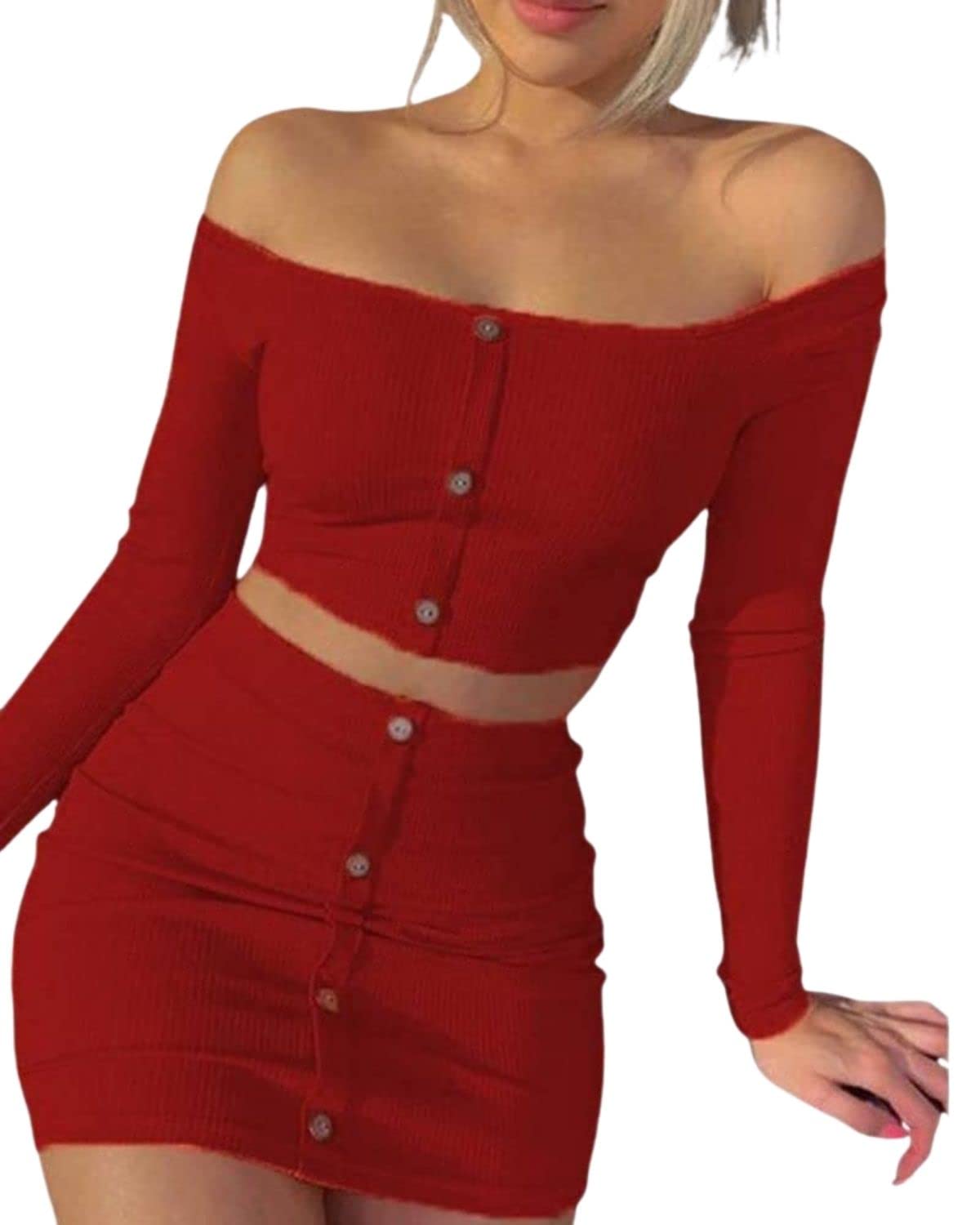 Women's Polyester Slim Fit Casual Solid Off Shoulder Button Skirt Outfits Set of 2| Size-2XL | Color-Red-image-45