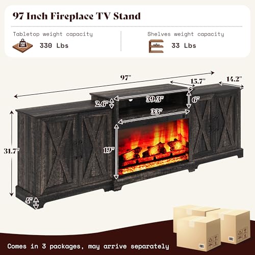 Image of AMERLIFE 97 inch Large Fireplace TV Stand for TVs up to 110 inch, Farmhouse Entertainment Center with 33 inch Electric Fireplace, Media Console with Storage Cabinets & Adjustable Shelf, Rustic Black