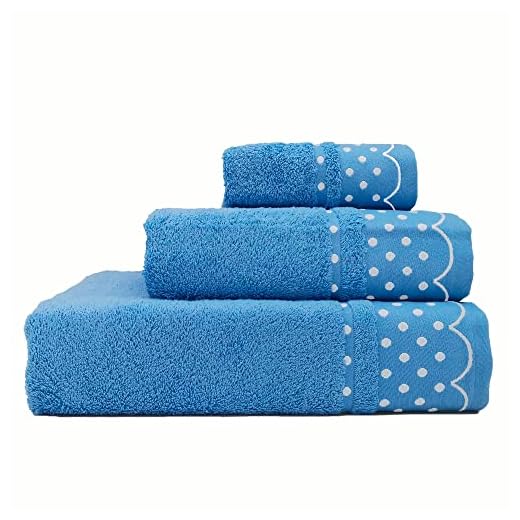 briebe Home Juego de Toallas Baño 100% algodón Rizo 450gr, Set 3 Piezas, Polka Dots, 3 tamaños Ducha Sábana, Manos, Tocador, Cenefa Lunares Bordada, Hecho en Portugal, Azul