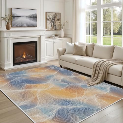 Tapis moderne lavable à lignes ondulées bleu et jaune 80x150cm pour salon - 2