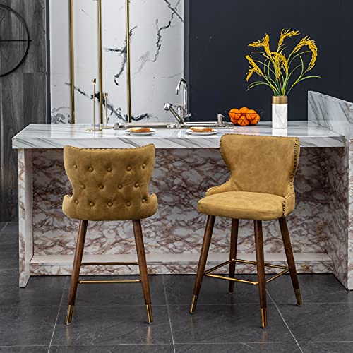 Roundhill Furniture Nevis Mid-Century Modern Faux Leather Tufted Nailhead Trim Counter Stool Set Of 2, Yellow #TOP5
