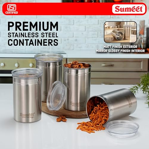 Image of Sumeet ISI Certified Stainless Steel Big Canisters /Dabba /Storage Containers for Kitchen with See Through Air Tight Lid - Set of 4 Pcs - 1100ml, 10cm Dia, Silver
