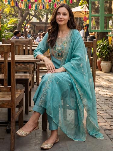 Image of INDO ERA Solid Straight Pure Cotton Kurta with Pant & Dupatta Set for Women