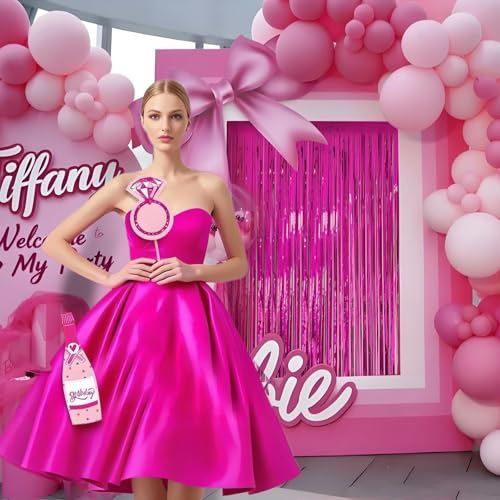 Image of 2 Pack Hot Pink Backdrop Party Decorations Tinsel Foil Fringe Curtain Backdrop Streamer Photo Booth for Wonmen Girl Pink Theme Princess Bachelorette Graduation Birthday Party Decorations