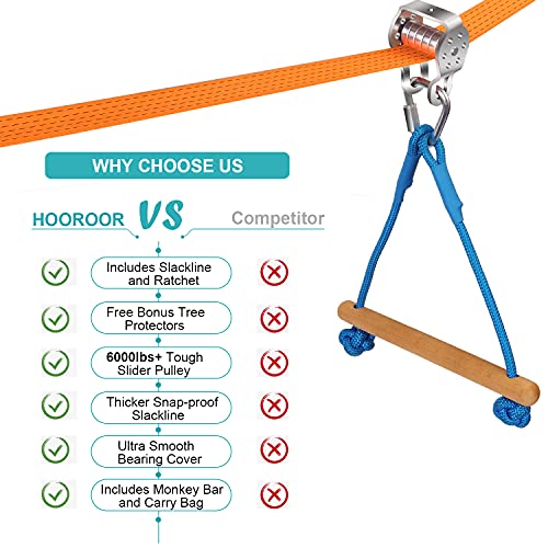 Hooroor Slackline Pulley With 52Ft Zipline, Monkey Bar, Most Accessory For Ninja Warrior Obstacle Course For Kids&Adults Backyard, Outdoor Toys Gifts Playset Jungle Gym,Easily Carry&Install #TOP2