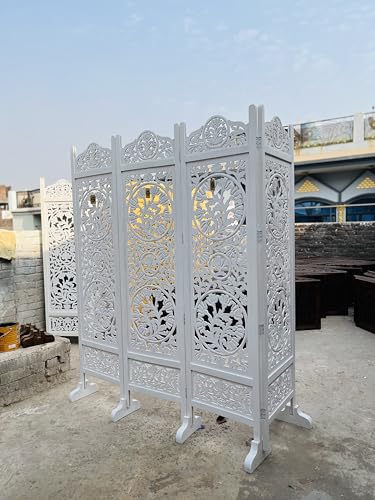 Image of Wooden Room Divider 4 Panel Foldable Privacy Screen Hand Carved Partition for Living Room Bedroom Office Decor (6 Feet 4 Panel White with Stand Each Panel Size 72X20 Inch)