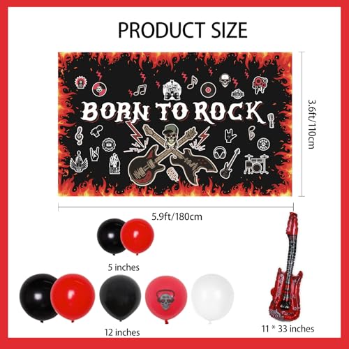 Image of Crenics Rock and Roll Party Decorations - Born to Rock Backdrop Banner, Balloons Arch Kit and Guitar Foil Balloons for Star Music Theme Birthday Party Supplies