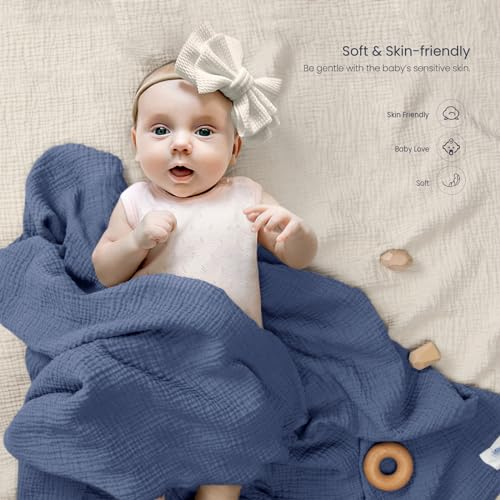 Image of lulumoon Muslin Swaddle Blanket Baby - Cotton Swaddling Blanket Soft Baby Receiving Blankets Neutral 3Pack(Navy)