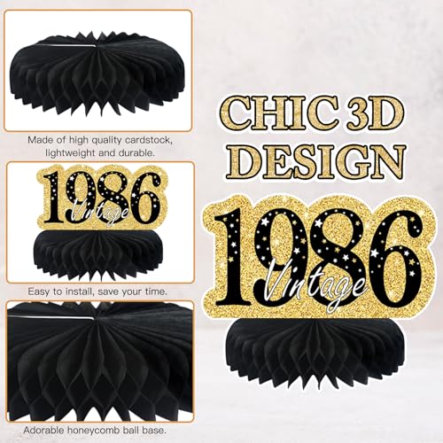 Image of 9 Pcs 40th Birthday Decorations Honeycomb Centerpieces for Women Men, Black Gold 1986 Aged to Perfection Vintage Centerpieces for Tables Toppers,Forty Years Party Decorations Supplies