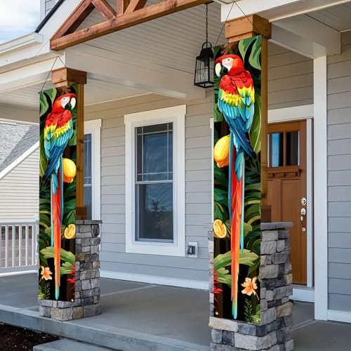 Image of BlissYard 2pcs Summer Door Banner Hawaiian Parrot Porch Sign Banner Tropical Floral Colorful Parrot Wall Hanging Banners for Outdoor Summer Tiki Bar Decor Party Supplies