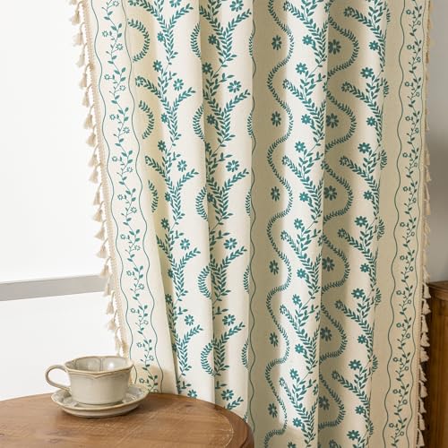 Image of Boho Curtains 72 Inch Long for Living Room, Bedroom, Turquoise White 2 Panels Floral Farmhouse Vintage Tassel Semi Sheer Light Filtering Privacy Window Curtain Drapes with Rod Pocket